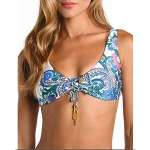 NWT Sunshine 70 Feel Good Paisley Bikini Top Large Gold Hardware Blue Gold Pink